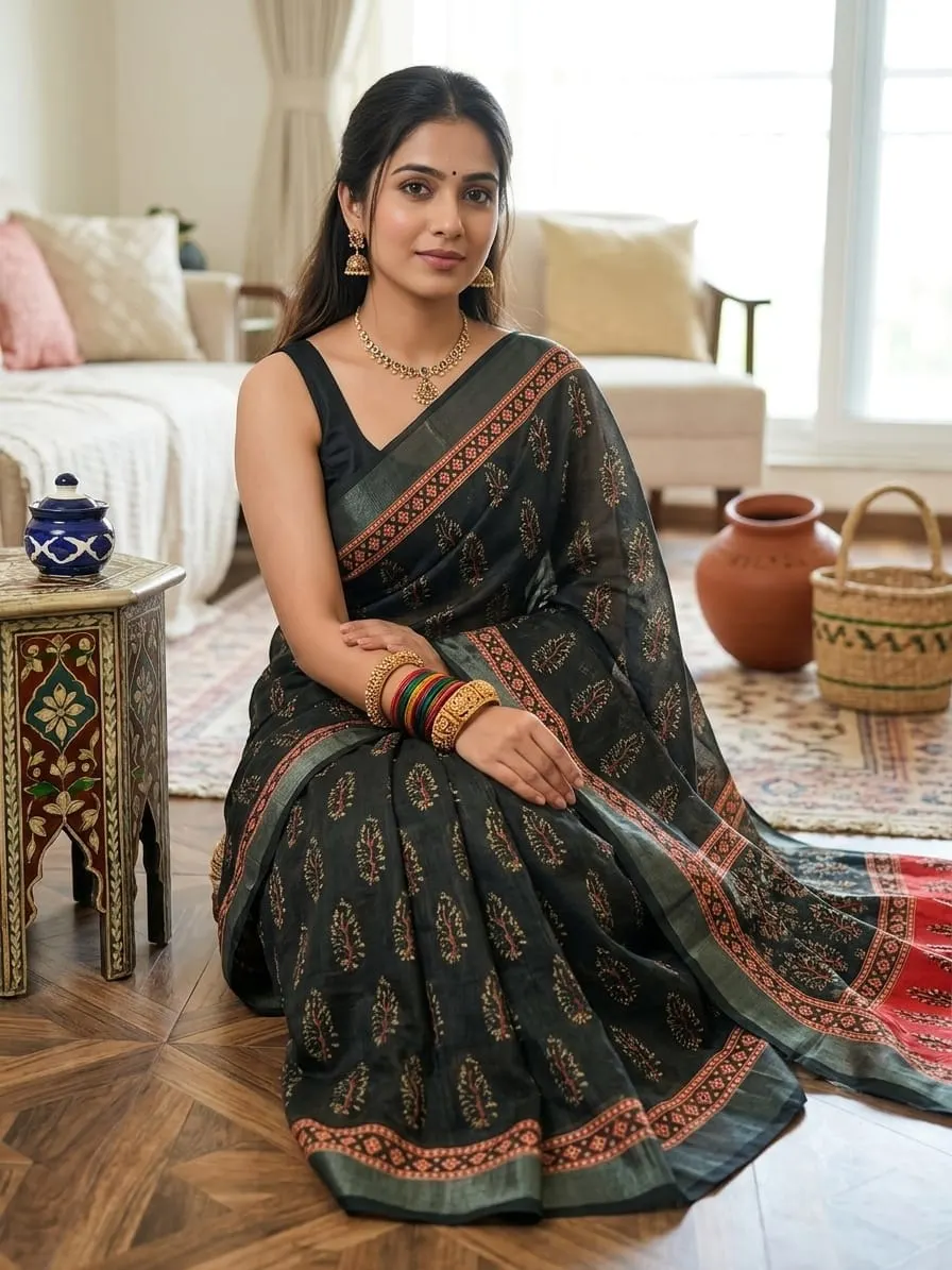 Black Linen Cotton Saree with Ajrakh Floral Print and Red Black Border